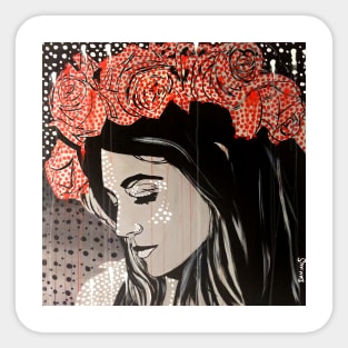 Portrait of Woman wearing a rose crown painted in outline with some drip style Sticker